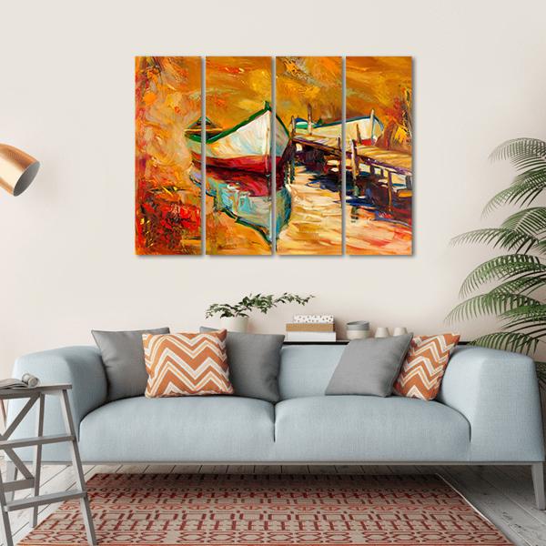 Abstract Boat &amp; Jetty Canvas Wall Art-4 Horizontal-Gallery Wrap-34" x 24"-Tiaracle