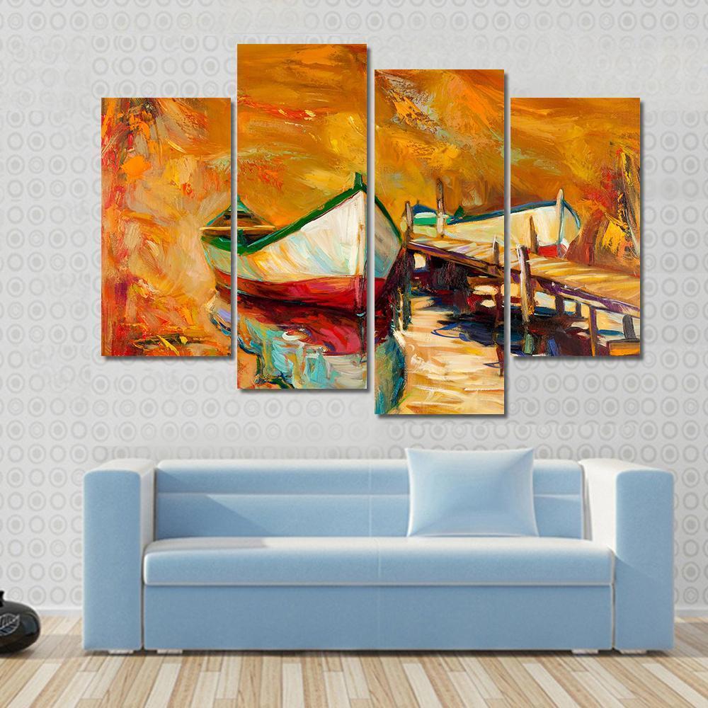 Abstract Boat &amp; Jetty Canvas Wall Art-4 Pop-Gallery Wrap-50" x 32"-Tiaracle