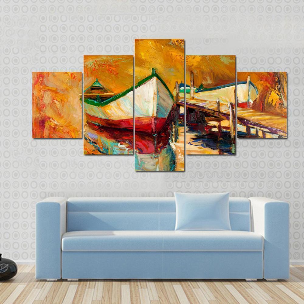 Abstract Boat &amp; Jetty Canvas Wall Art-5 Star-Gallery Wrap-62" x 32"-Tiaracle