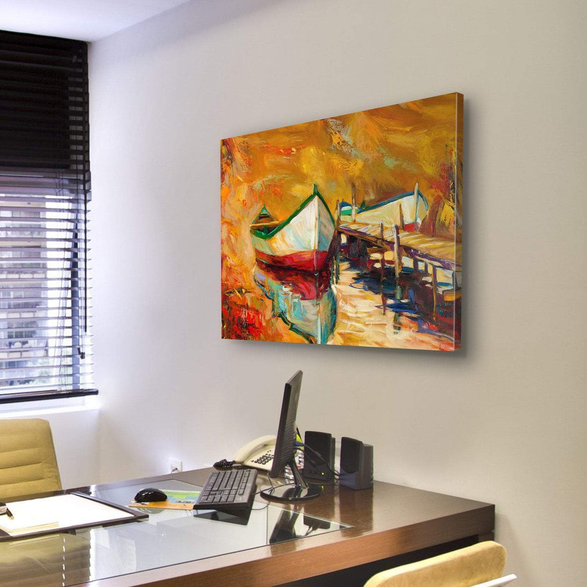 Abstract Boat &amp; Jetty Canvas Wall Art-3 Horizontal-Gallery Wrap-25" x 16"-Tiaracle