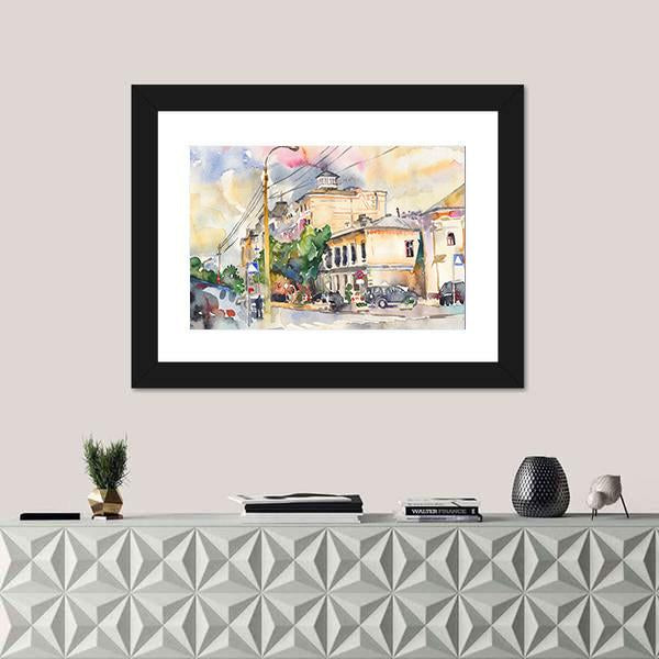 Watercolor Sketch Of City Illustration Canvas Wall Art-1 Piece-Framed Print-20" x 16"-Tiaracle