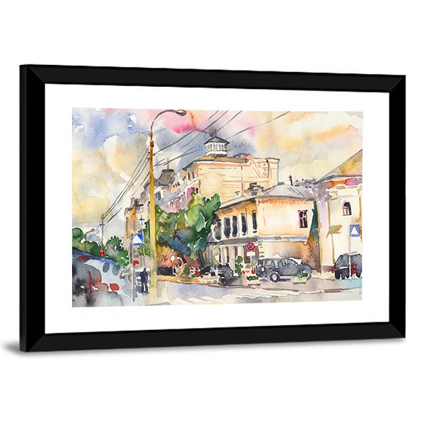 Watercolor Sketch Of City Illustration Canvas Wall Art-3 Horizontal-Gallery Wrap-25" x 16"-Tiaracle
