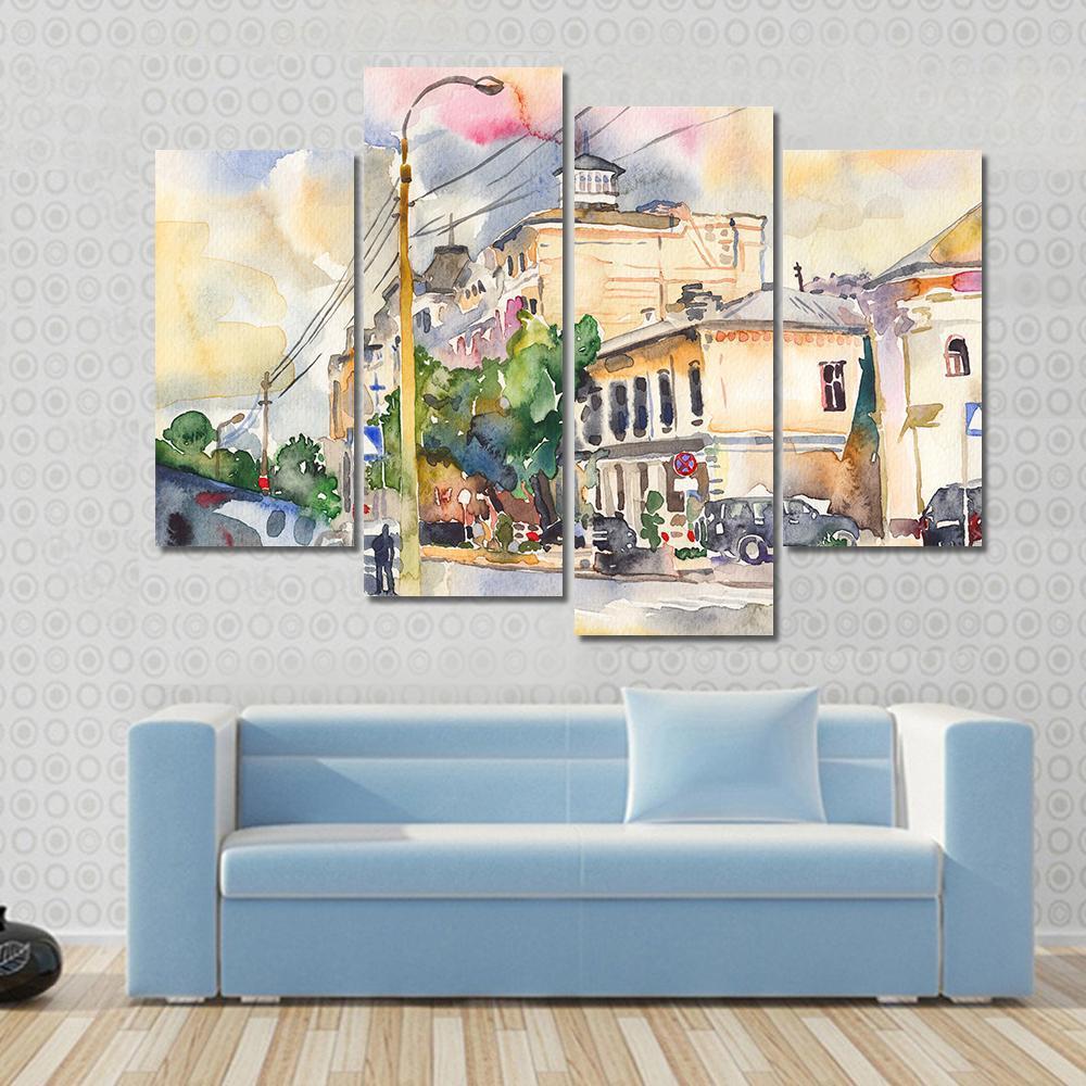 Watercolor Sketch Of City Illustration Canvas Wall Art-5 Pop-Gallery Wrap-47" x 32"-Tiaracle