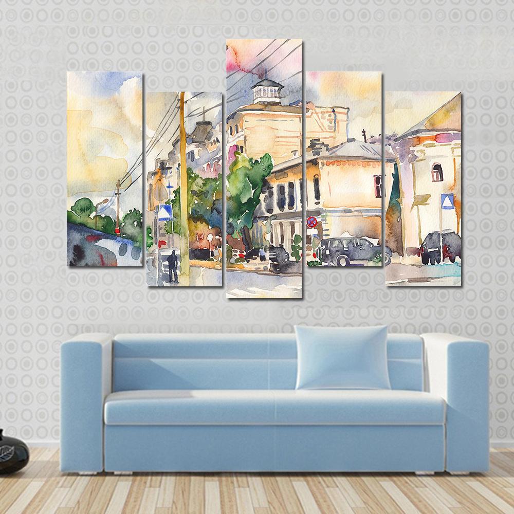 Watercolor Sketch Of City Illustration Canvas Wall Art-5 Pop-Gallery Wrap-47" x 32"-Tiaracle