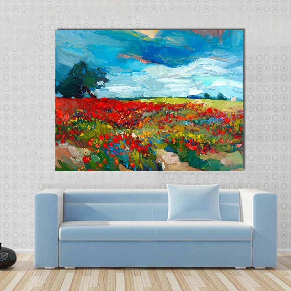 Watercolor Fields of Flowers Canvas Wall Art in red, green and blue, single panel hung on a wall