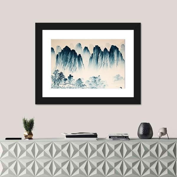 Watercolor Sketch Of High Mountains And Trees Canvas Wall Art-1 Piece-Framed Print-20" x 16"-Tiaracle
