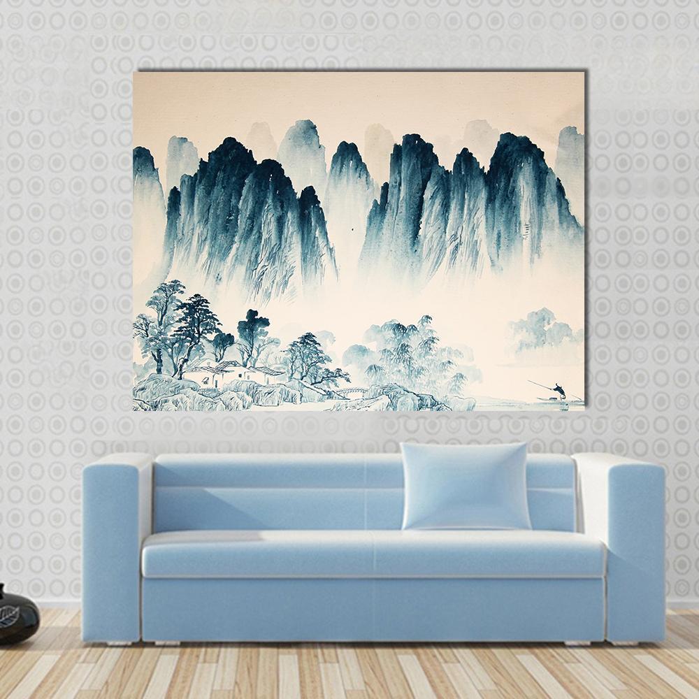Watercolor Sketch of High Mountains and Trees Canvas Wall Art in beige, blue and navy, single panel hung on a wall