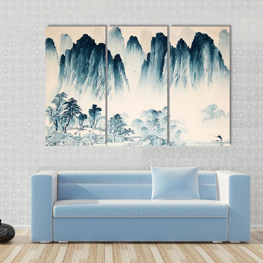 Watercolor Sketch Of High Mountains And Trees Canvas Wall Art-3 Horizontal-Gallery Wrap-37" x 24"-Tiaracle