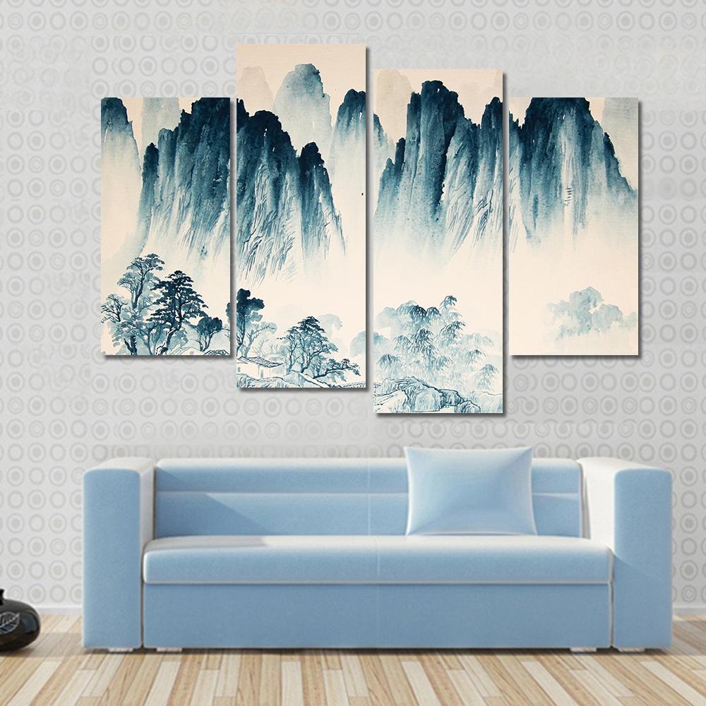 Watercolor Sketch Of High Mountains And Trees Canvas Wall Art-4 Pop-Gallery Wrap-50" x 32"-Tiaracle