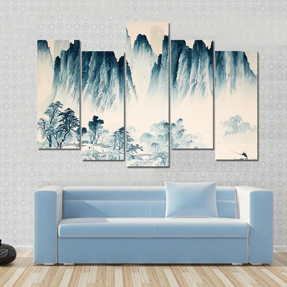 Watercolor Sketch Of High Mountains And Trees Canvas Wall Art-5 Pop-Gallery Wrap-47" x 32"-Tiaracle