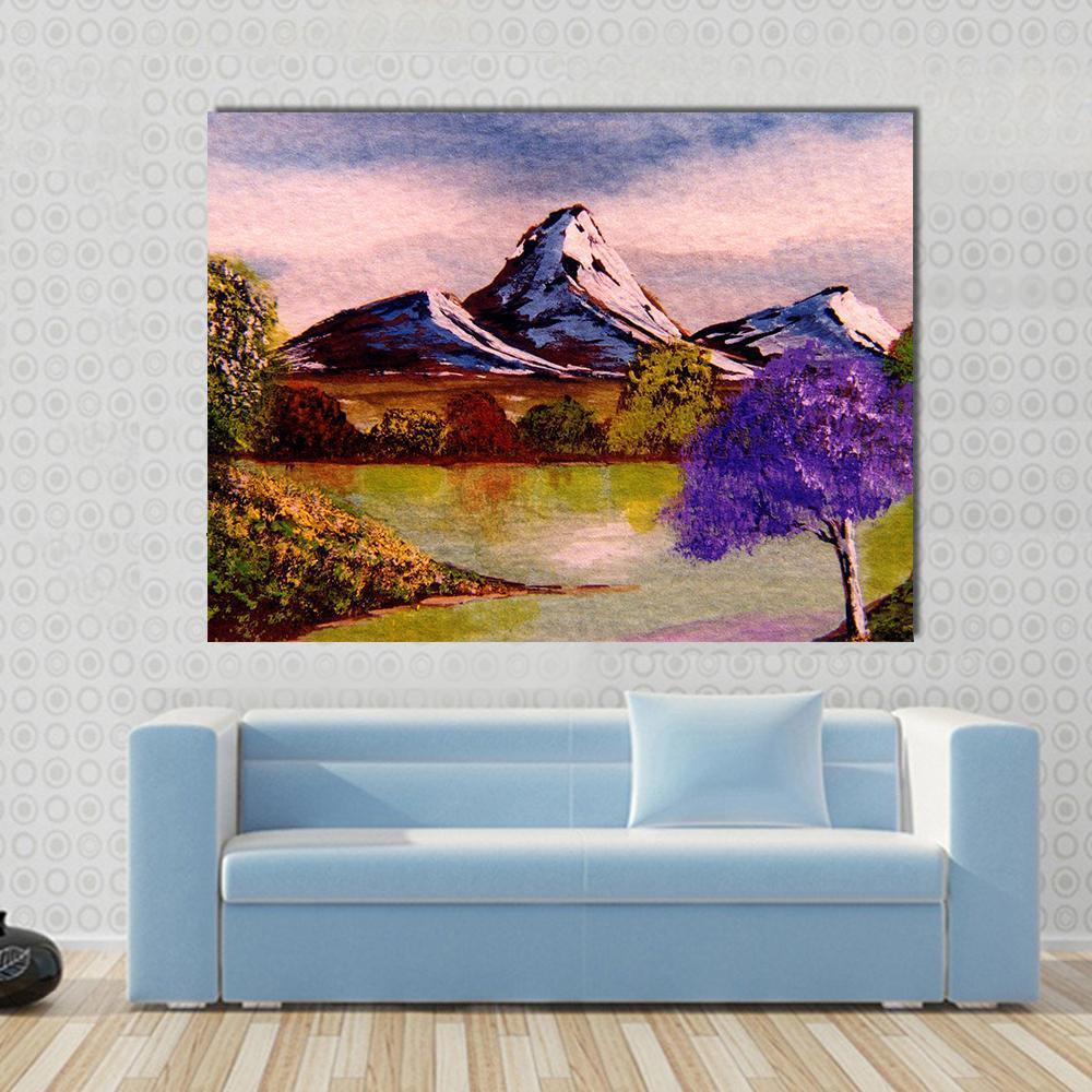 Watercolor Sketch of Mountains Canvas Wall Art in green, blue and purple, single panel hung on a wall