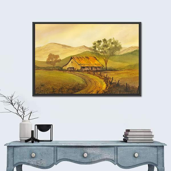 Watercolor Sketch Of Pathway Leading To Village Canvas Wall Art-1 Piece-Floating Frame-24" x 16"-Tiaracle