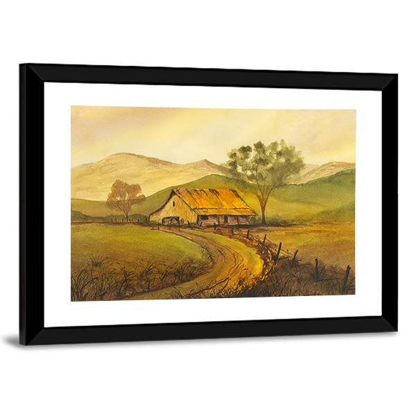 Watercolor Sketch Of Pathway Leading To Village Canvas Wall Art-3 Horizontal-Gallery Wrap-25" x 16"-Tiaracle