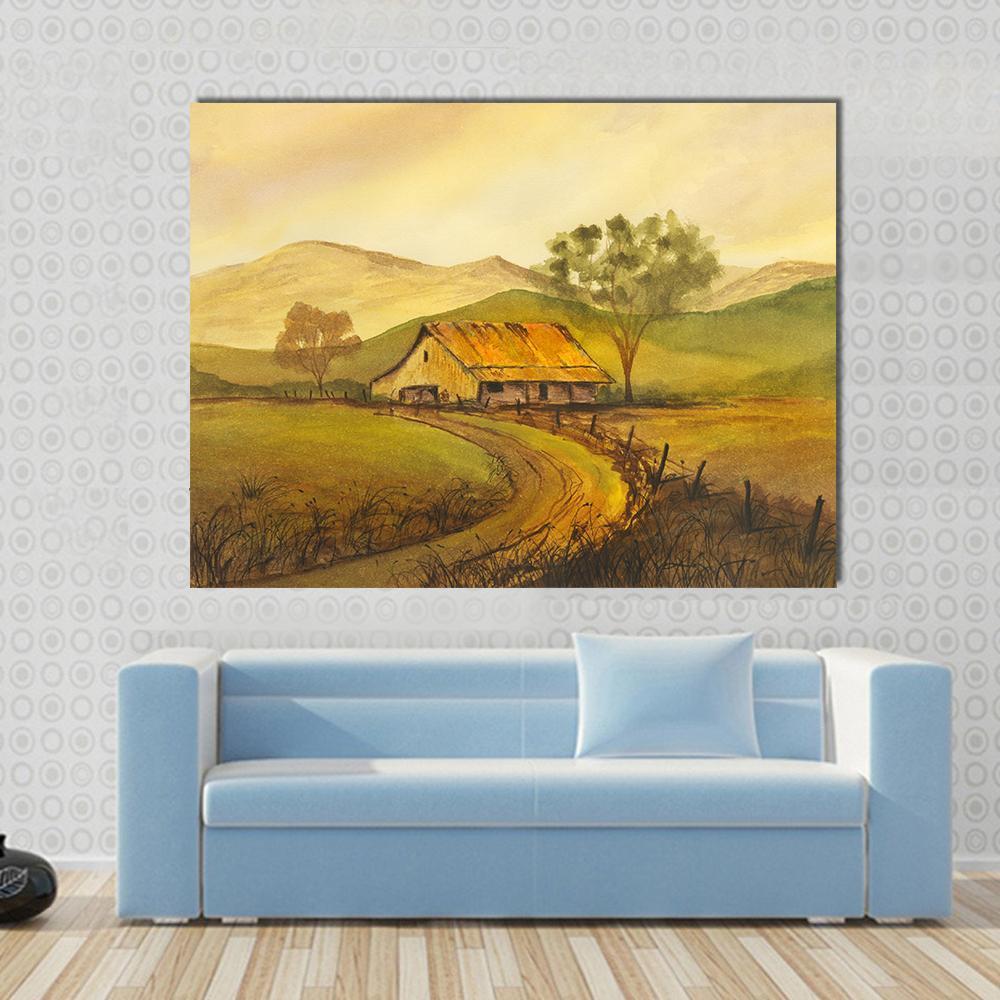 Watercolor Pathway to Village Canvas Wall Art in brown, yellow and green, single panel hung on a wall