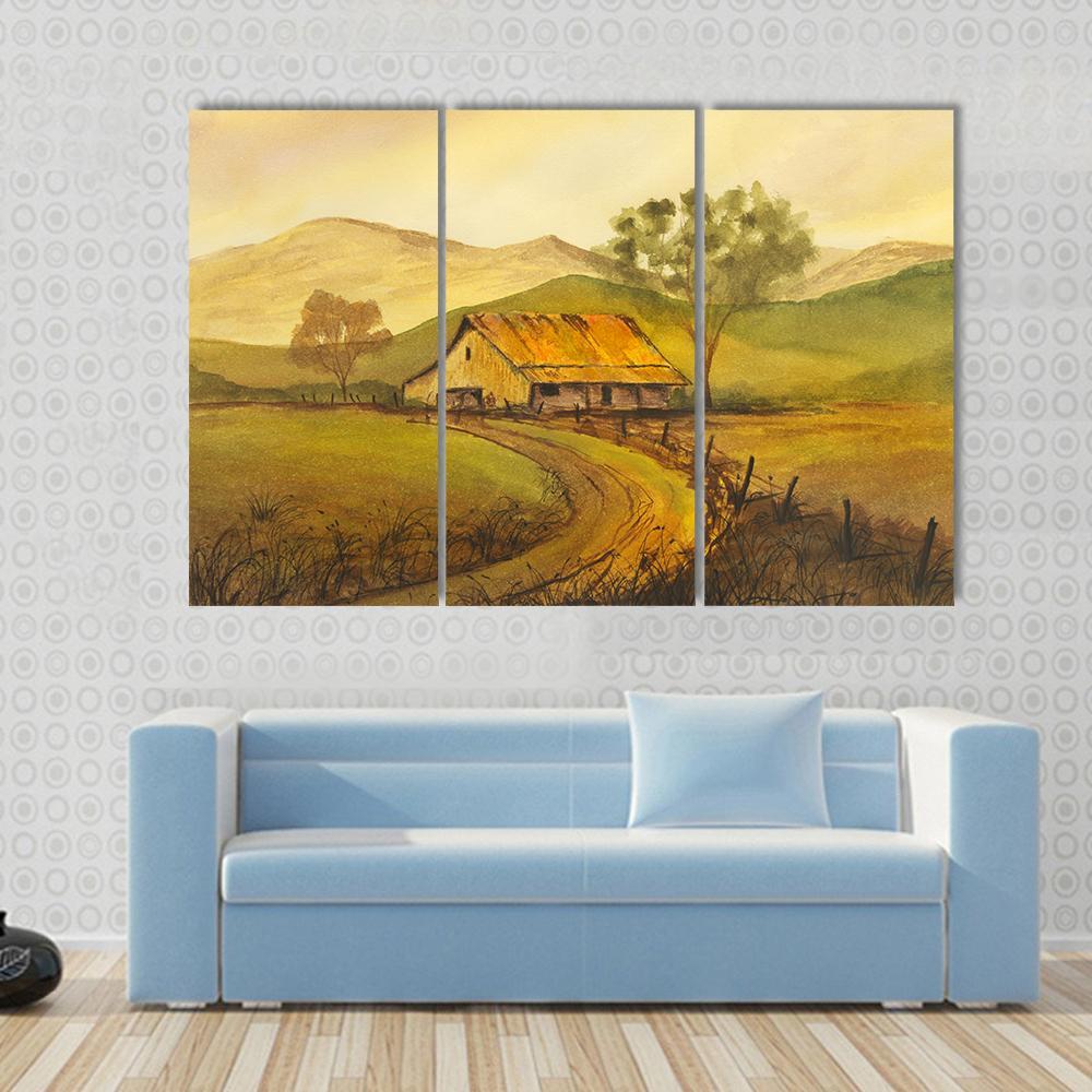 Watercolor Sketch Of Pathway Leading To Village Canvas Wall Art-3 Horizontal-Gallery Wrap-37" x 24"-Tiaracle