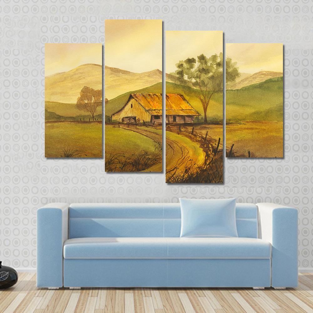 Watercolor Sketch Of Pathway Leading To Village Canvas Wall Art-4 Pop-Gallery Wrap-50" x 32"-Tiaracle