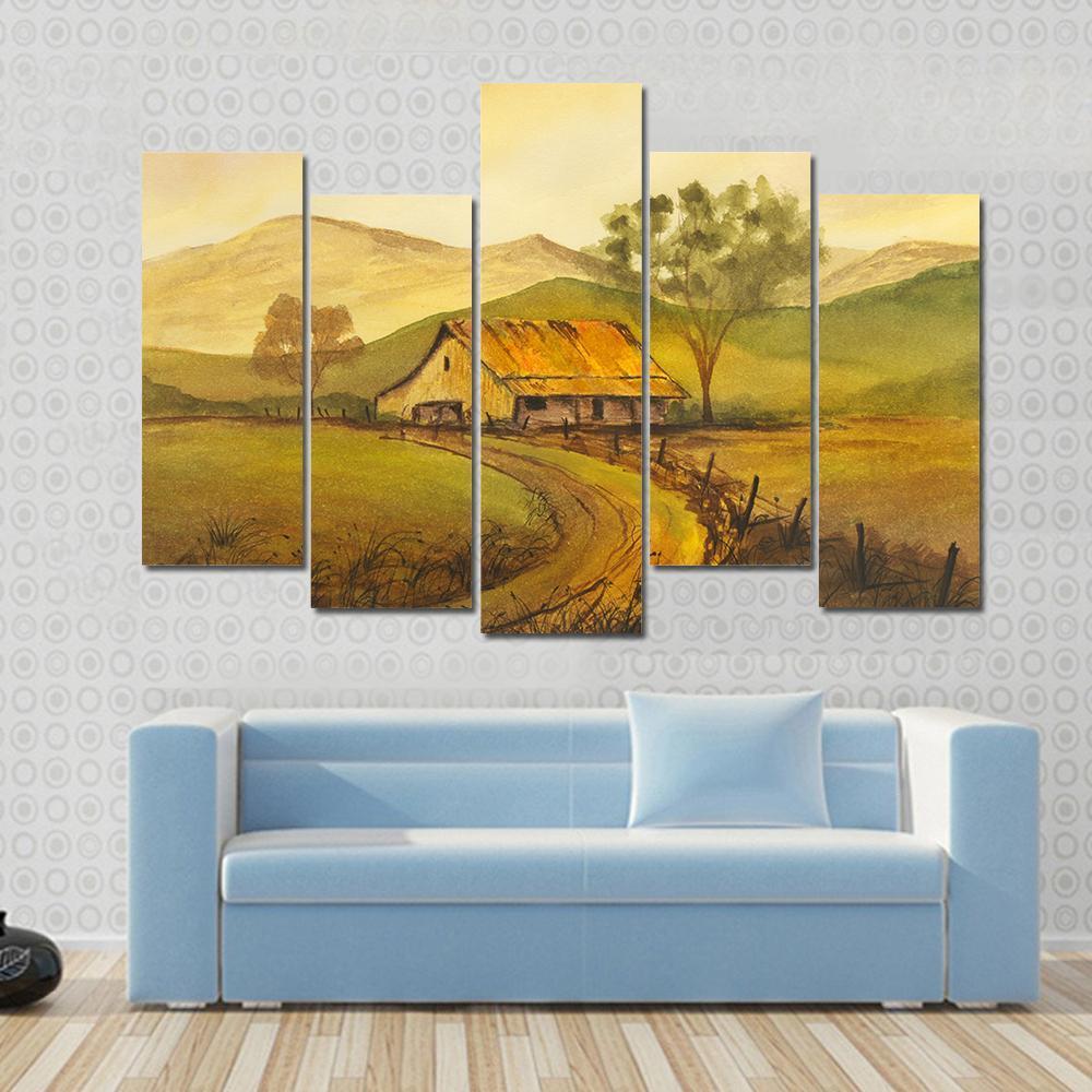 Watercolor Sketch Of Pathway Leading To Village Canvas Wall Art-5 Pop-Gallery Wrap-47" x 32"-Tiaracle