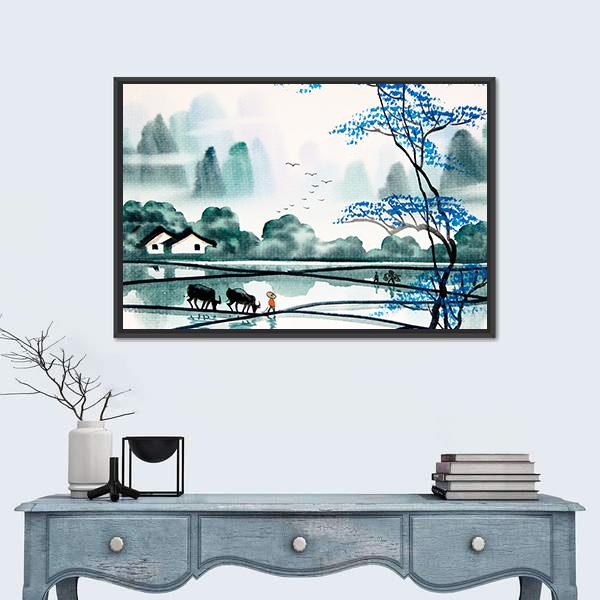 Watercolor Sketch Of Peaceful Village Canvas Wall Art-1 Piece-Floating Frame-24" x 16"-Tiaracle