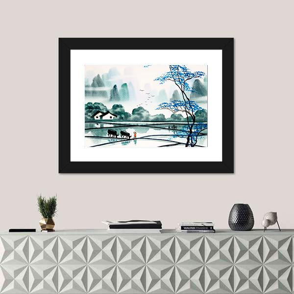 Watercolor Sketch Of Peaceful Village Canvas Wall Art-1 Piece-Framed Print-20" x 16"-Tiaracle