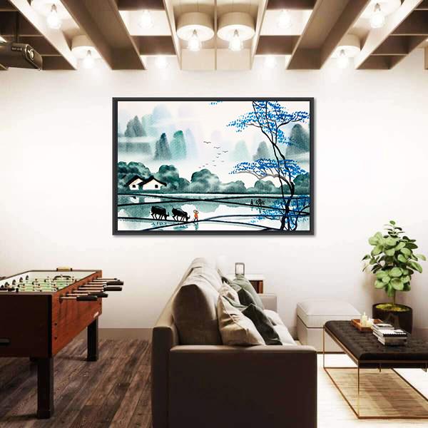 Watercolor Sketch Of Peaceful Village Canvas Wall Art-3 Horizontal-Gallery Wrap-25" x 16"-Tiaracle