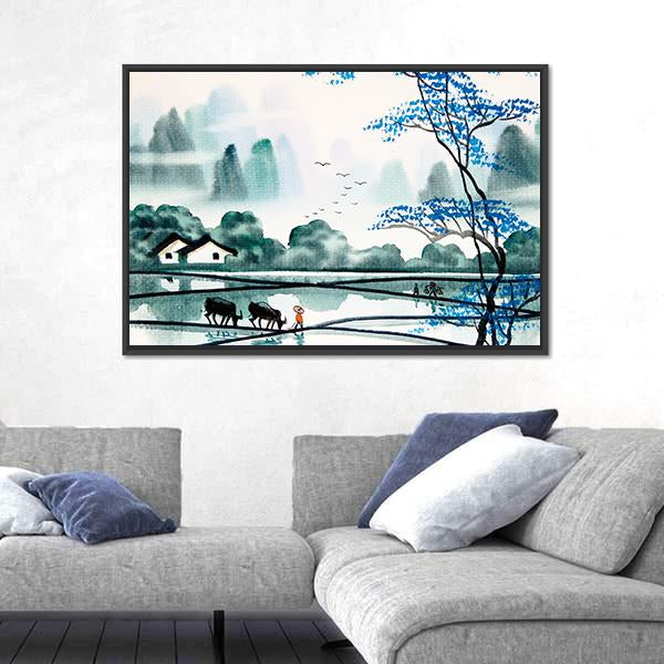 Watercolor Sketch Of Peaceful Village Canvas Wall Art-3 Horizontal-Gallery Wrap-25" x 16"-Tiaracle