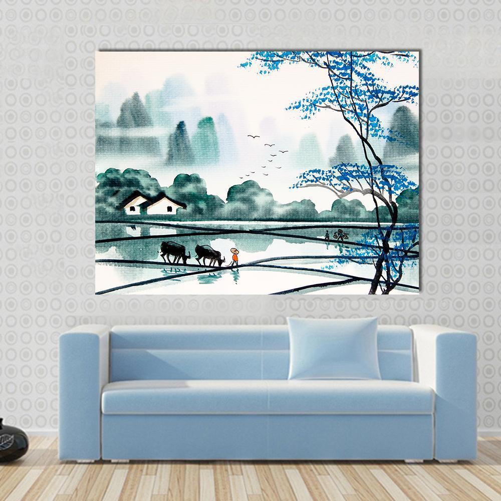 Watercolor Sketch of Peaceful Village Canvas Wall Art in white, green and blue, single panel hung on a wall
