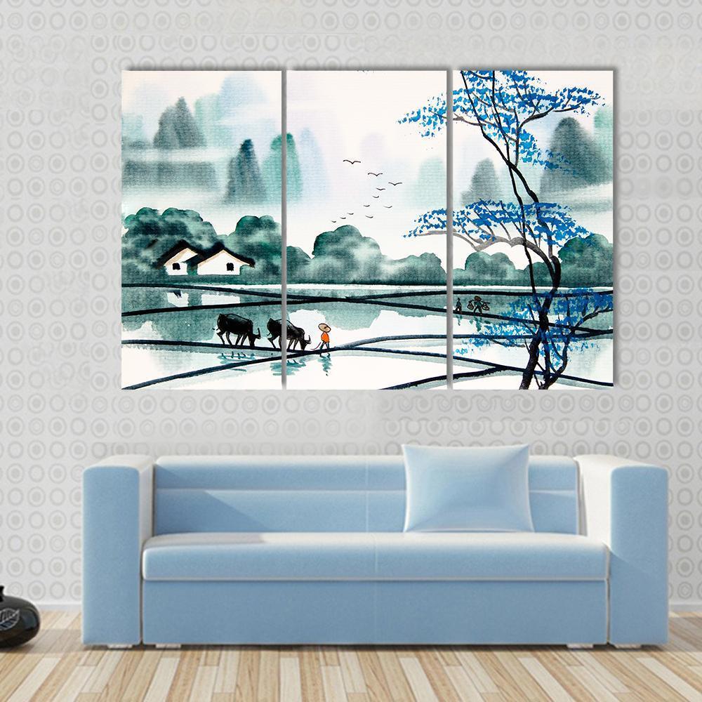 Watercolor Sketch Of Peaceful Village Canvas Wall Art-3 Horizontal-Gallery Wrap-37" x 24"-Tiaracle