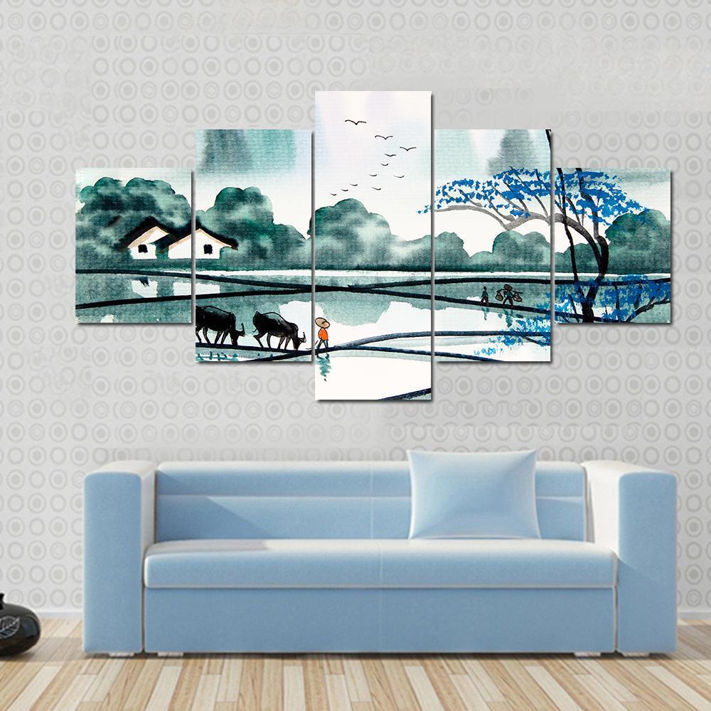 Watercolor Sketch Of Peaceful Village Canvas Wall Art-5 Star-Gallery Wrap-62" x 32"-Tiaracle