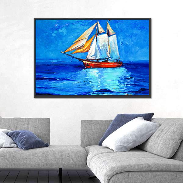 Watercolor Sketch Of Sail Ship And Sea Canvas Wall Art-3 Horizontal-Gallery Wrap-25" x 16"-Tiaracle