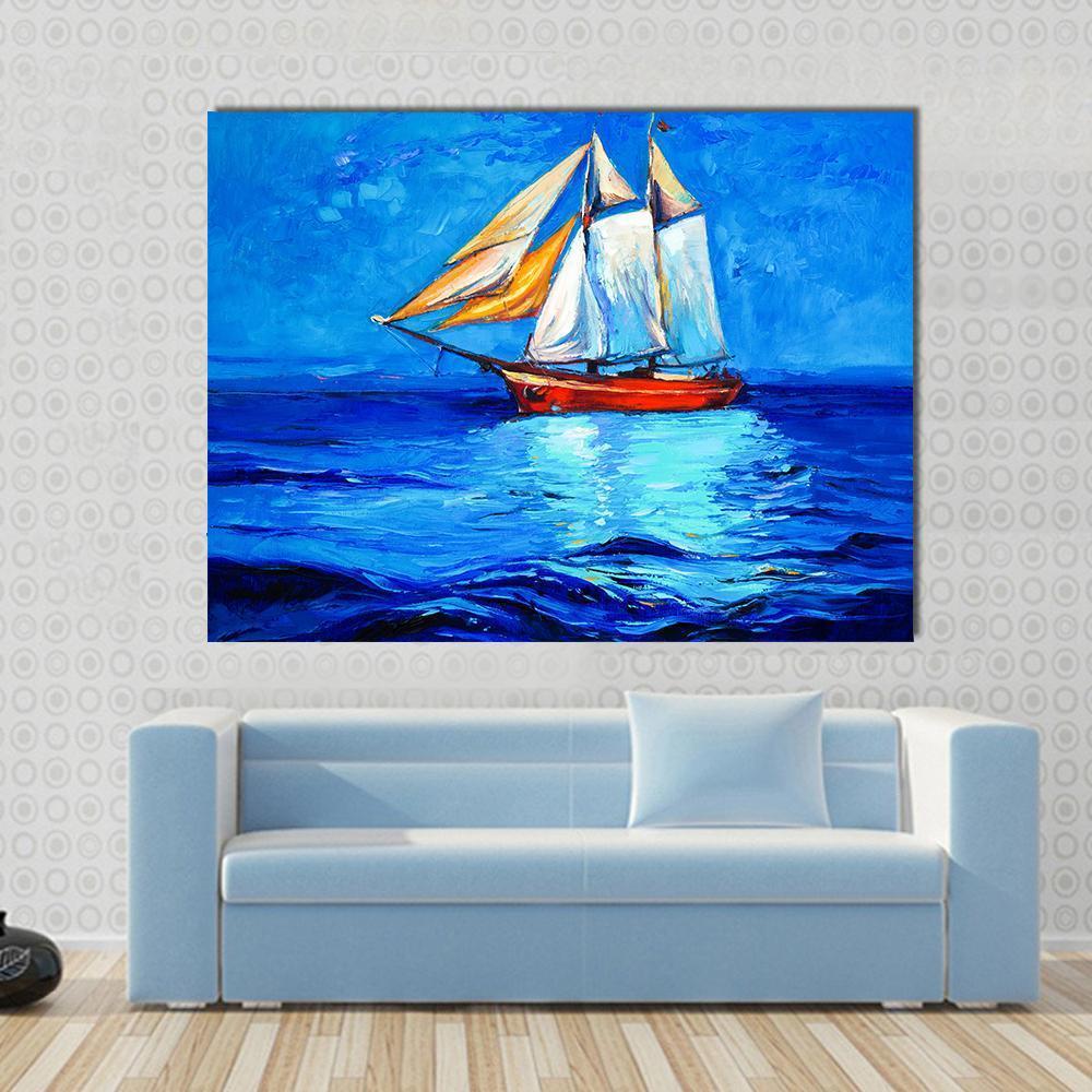 Watercolor Two-masted Sailing Ship Canvas Wall Art in white, orange and blue, single panel hung on a wall