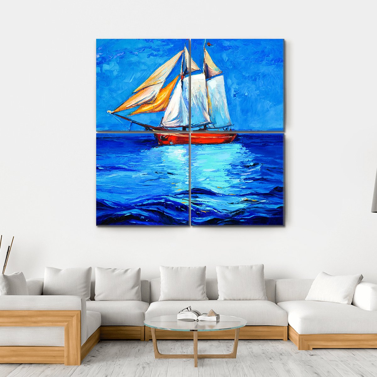 Watercolor Sketch Of Sail Ship And Sea Canvas Wall Art-4 Square-Gallery Wrap-17" x 17"-Tiaracle