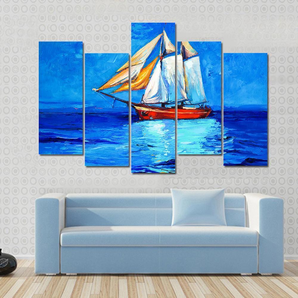 Watercolor Sketch Of Sail Ship And Sea Canvas Wall Art-5 Pop-Gallery Wrap-47" x 32"-Tiaracle