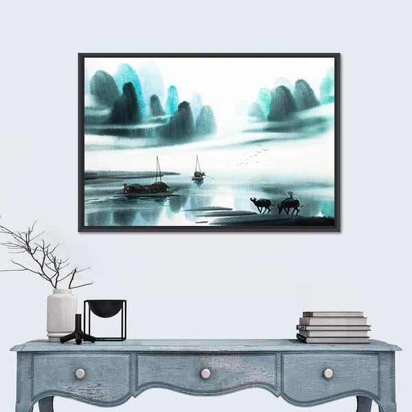 Watercolor Sketch Of Ships In Lake Canvas Wall Art-1 Piece-Floating Frame-24" x 16"-Tiaracle