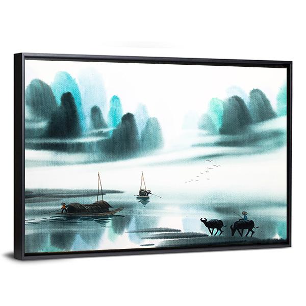 Watercolor Sketch Of Ships In Lake Canvas Wall Art-3 Horizontal-Gallery Wrap-25" x 16"-Tiaracle