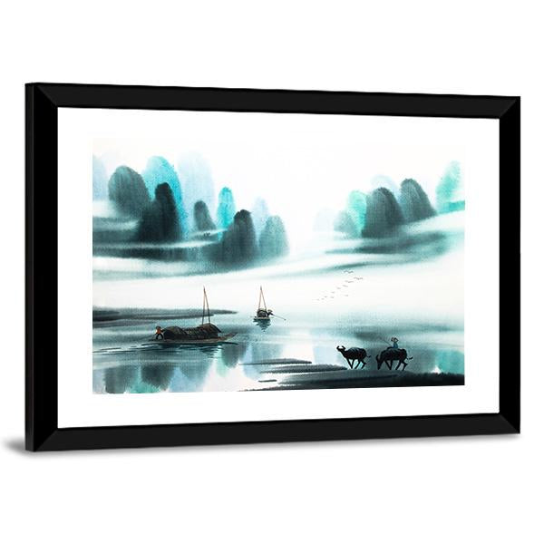Watercolor Sketch Of Ships In Lake Canvas Wall Art-3 Horizontal-Gallery Wrap-25" x 16"-Tiaracle