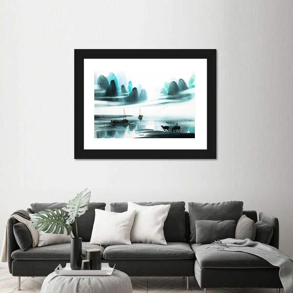 Watercolor Sketch Of Ships In Lake Canvas Wall Art-3 Horizontal-Gallery Wrap-25" x 16"-Tiaracle