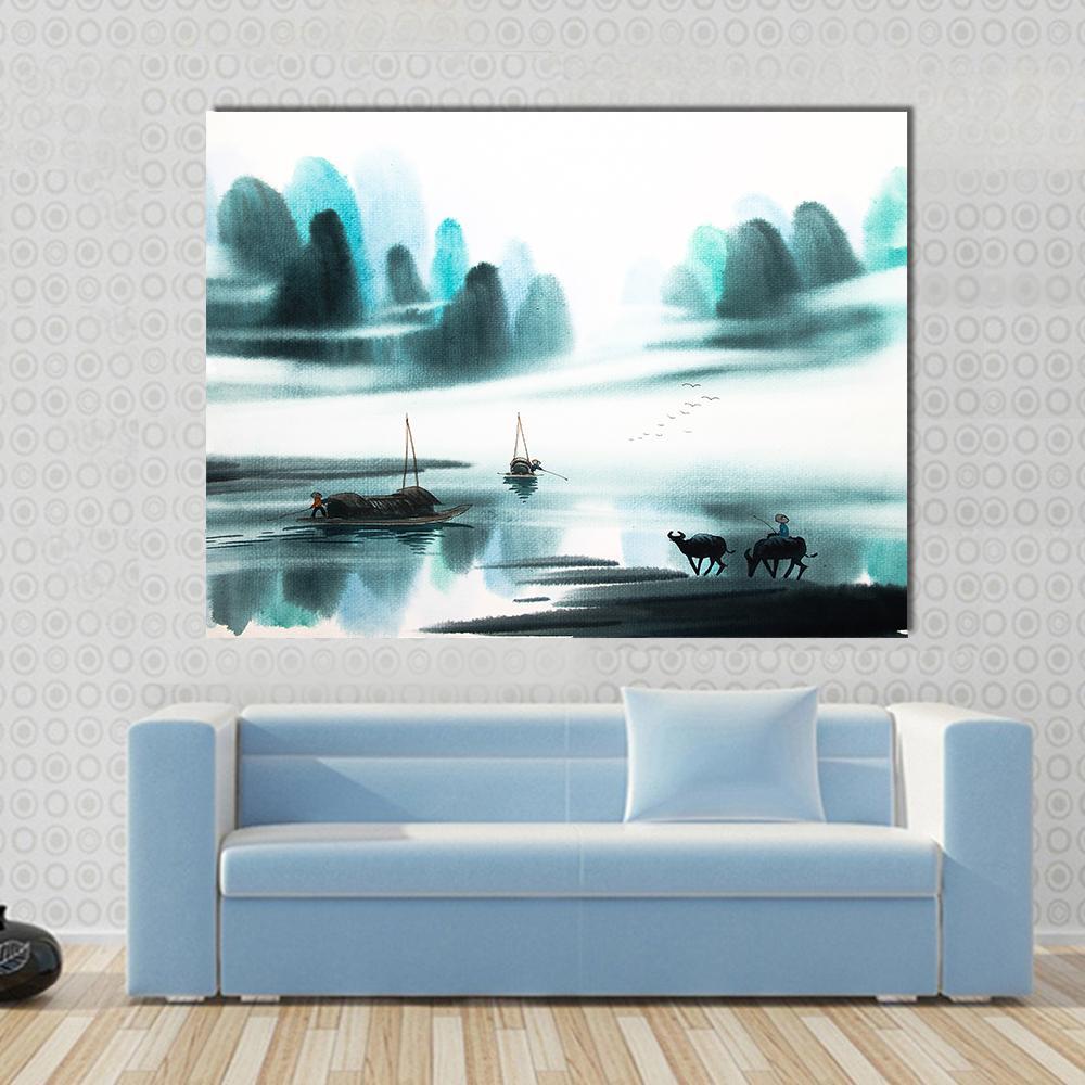 Watercolor Sketch Of Ships In Lake Canvas Wall Art-1 Piece-Gallery Wrap-48" x 32"-Tiaracle