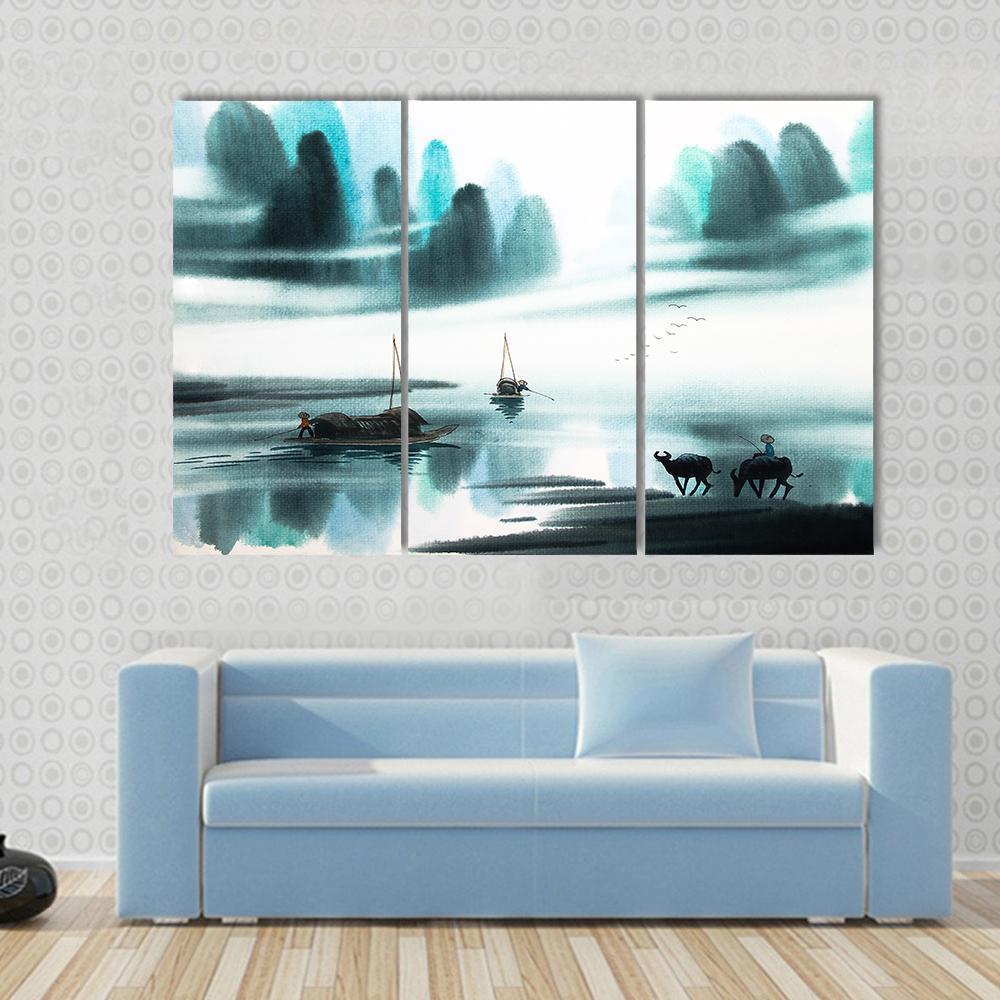 Watercolor Sketch Of Ships In Lake Canvas Wall Art-3 Horizontal-Gallery Wrap-37" x 24"-Tiaracle