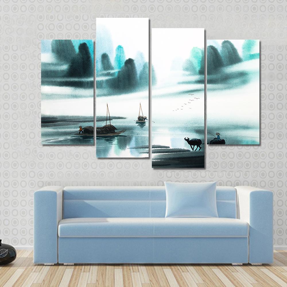 Watercolor Sketch Of Ships In Lake Canvas Wall Art-4 Pop-Gallery Wrap-50" x 32"-Tiaracle