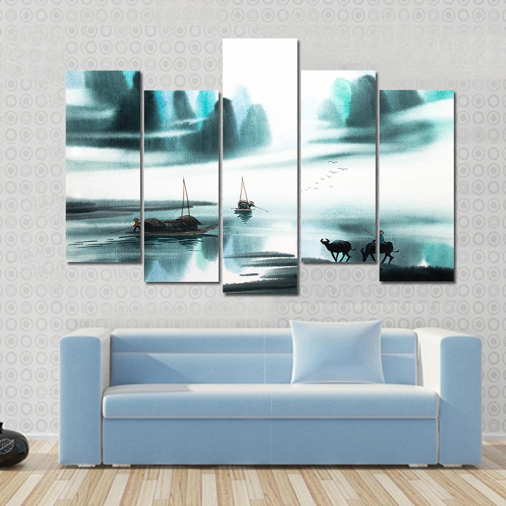 Watercolor Sketch Of Ships In Lake Canvas Wall Art-5 Pop-Gallery Wrap-47" x 32"-Tiaracle