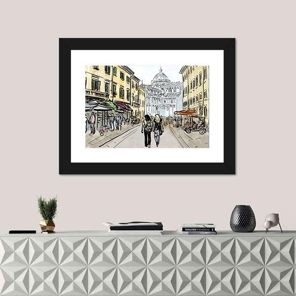 Watercolor Sketch Of Street In Pisa Canvas Wall Art-1 Piece-Framed Print-20" x 16"-Tiaracle