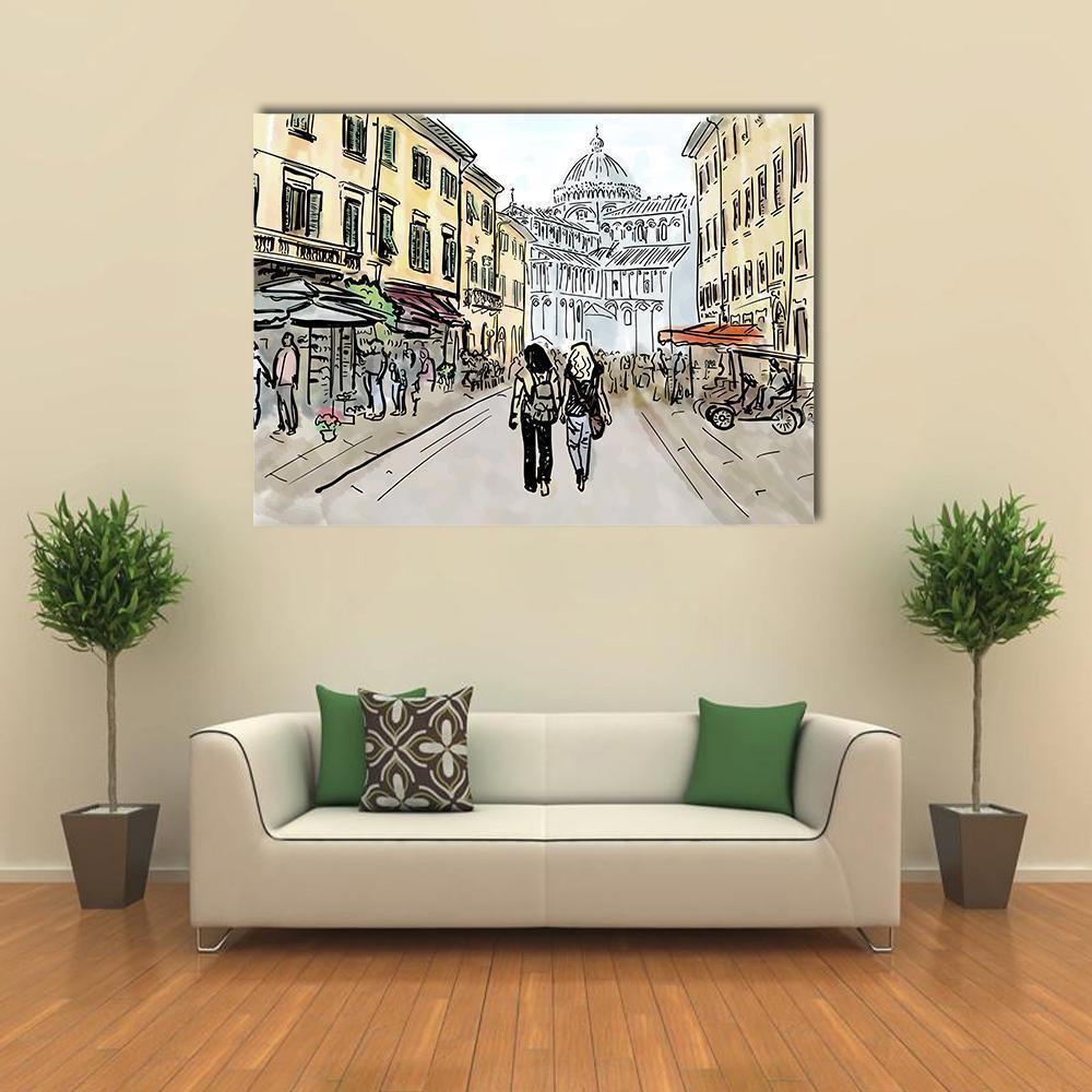 Watercolor Sketch Of Street In Pisa Canvas Wall Art-4 Horizontal-Gallery Wrap-34" x 24"-Tiaracle