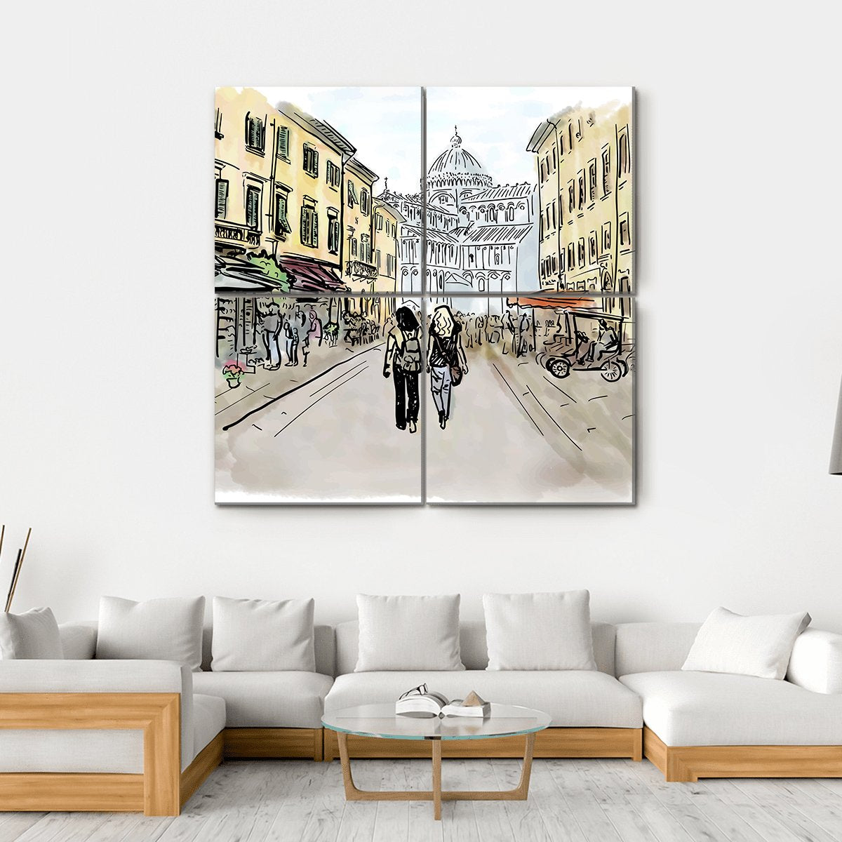 Watercolor Sketch Of Street In Pisa Canvas Wall Art-4 Square-Gallery Wrap-17" x 17"-Tiaracle