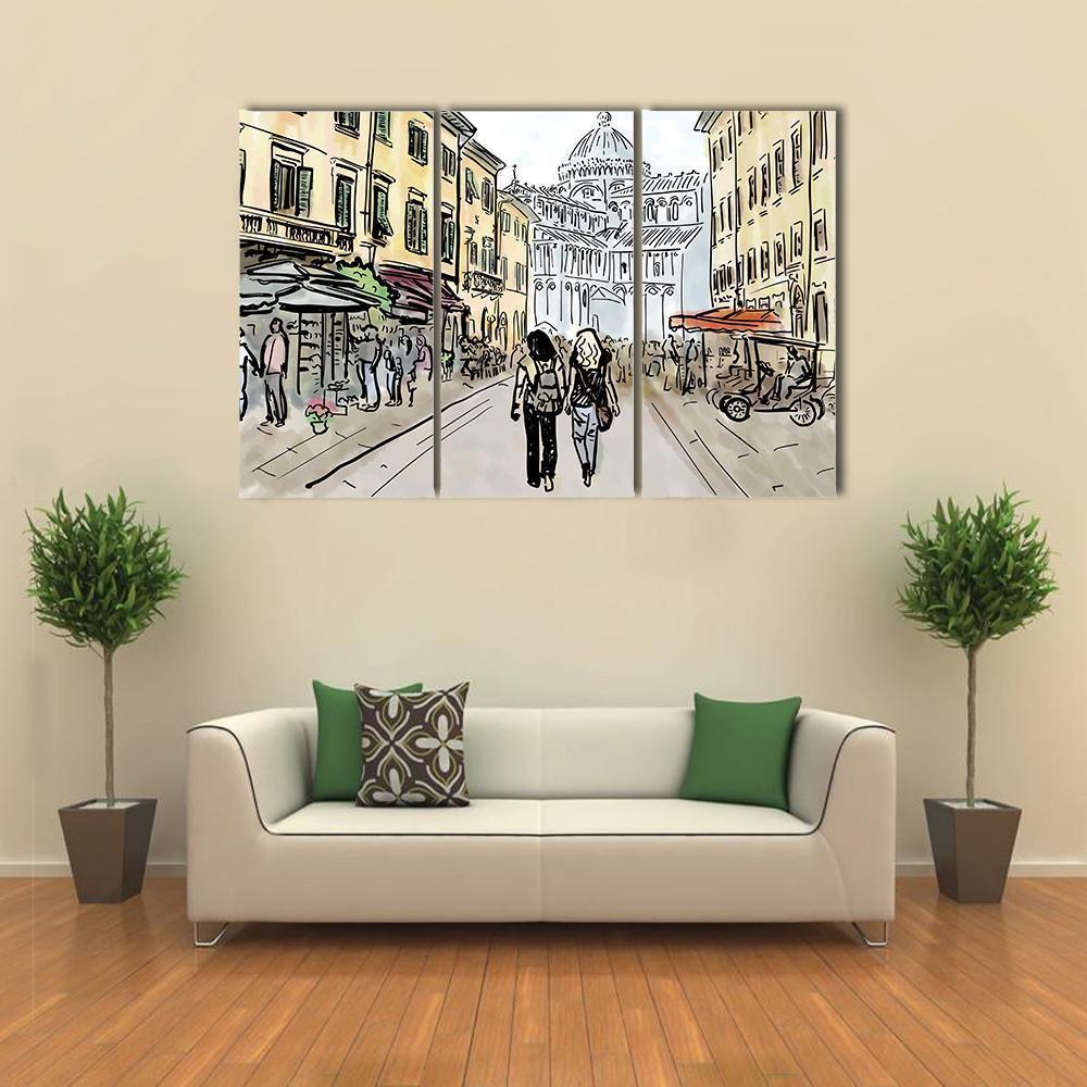 Watercolor Sketch Of Street In Pisa Canvas Wall Art-3 Horizontal-Gallery Wrap-37" x 24"-Tiaracle