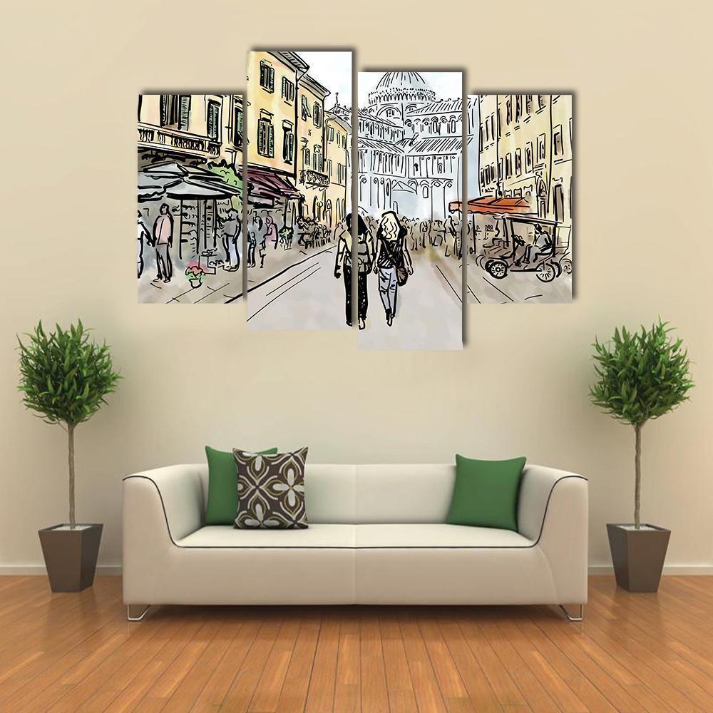 Watercolor Sketch Of Street In Pisa Canvas Wall Art-4 Pop-Gallery Wrap-50" x 32"-Tiaracle
