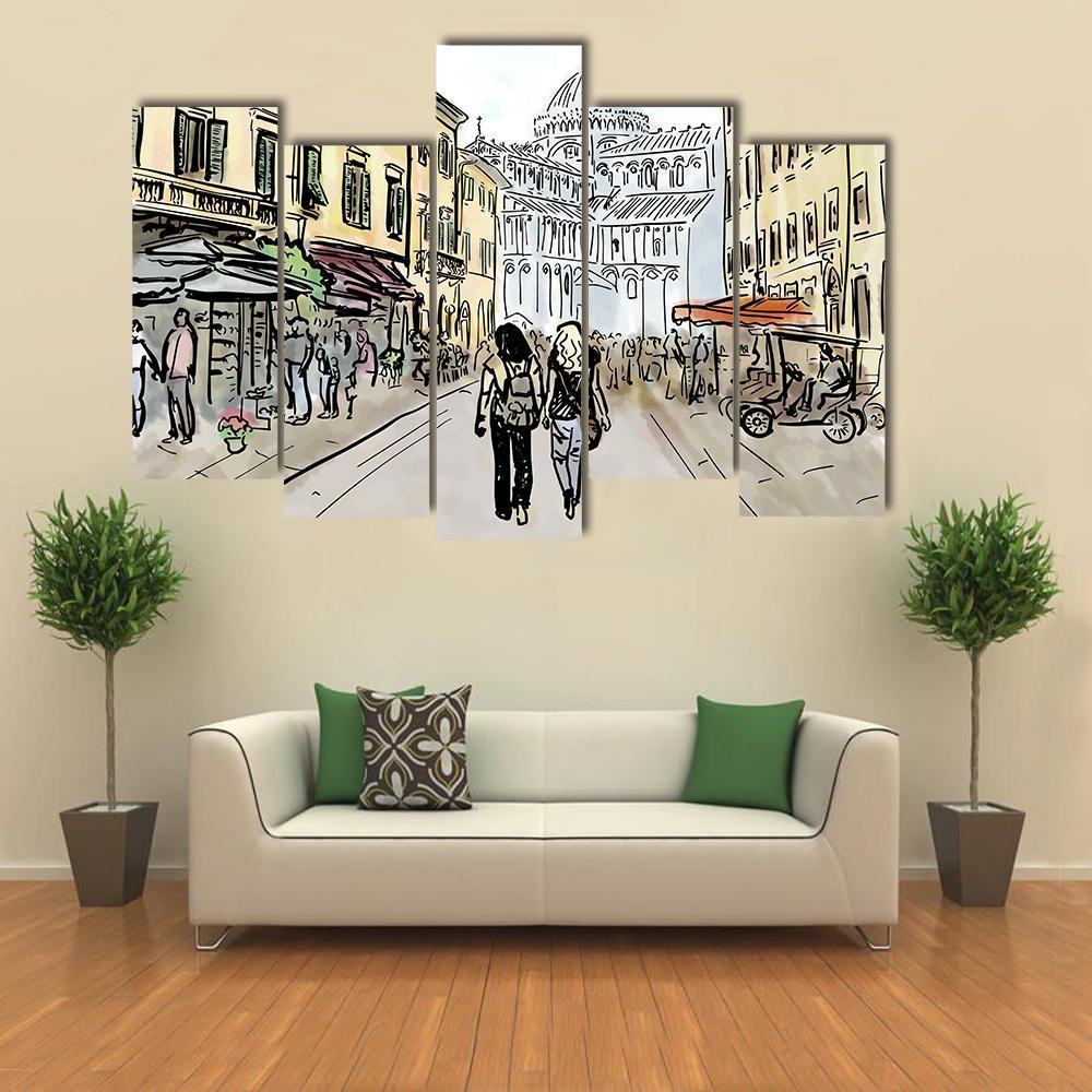 Watercolor Sketch Of Street In Pisa Canvas Wall Art-5 Pop-Gallery Wrap-47" x 32"-Tiaracle