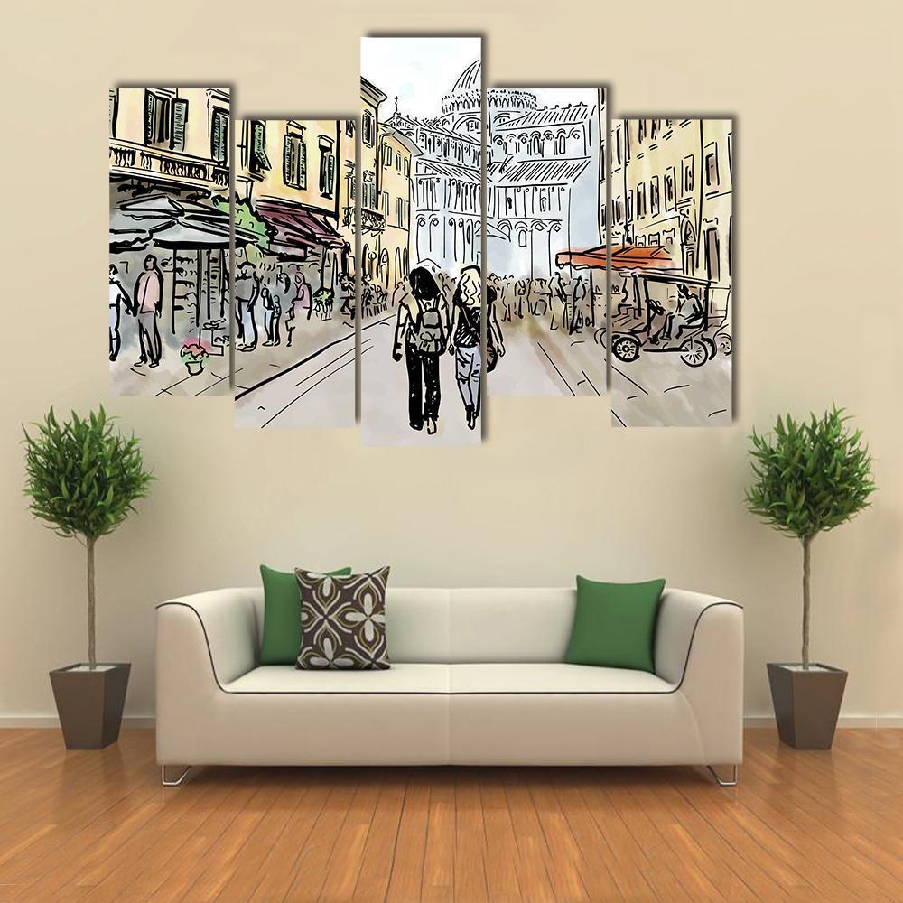 Watercolor Sketch Of Street In Pisa Canvas Wall Art-1 Piece-Gallery Wrap-48" x 32"-Tiaracle
