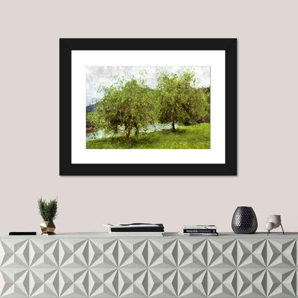 Watercolor Sketch Of Two Green Trees Canvas Wall Art-1 Piece-Framed Print-20" x 16"-Tiaracle