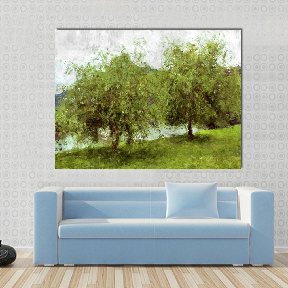 Watercolor Sketch of Two Green Trees Canvas Wall Art in white and green, single panel hung on a wall
