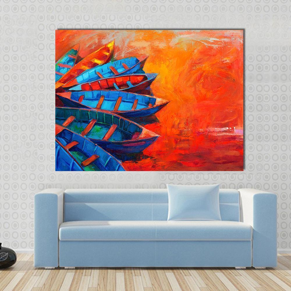 Watercolor Sketch of Water Boats Canvas Wall Art in red, orange and blue, single panel hung on a wall